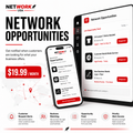 Promotional graphic for NETWORK USA showing a desktop monitor, tablet, and smartphone displaying a customer service opportunities dashboard. Large text reads 'NETWORK OPPORTUNITIES' with a monthly price callout of '$19.