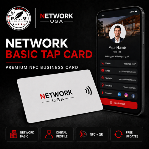 White Network Basic Tap Card with NFC technology, full Network Studio access and free customizable digital business card.