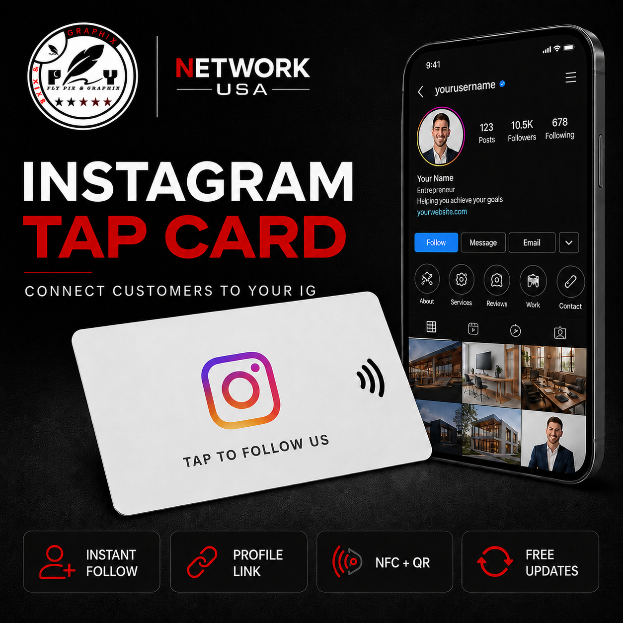 White Instagram Network Tap Card with Instagram logo, NFC profile access, Network Studio and free digital business card.